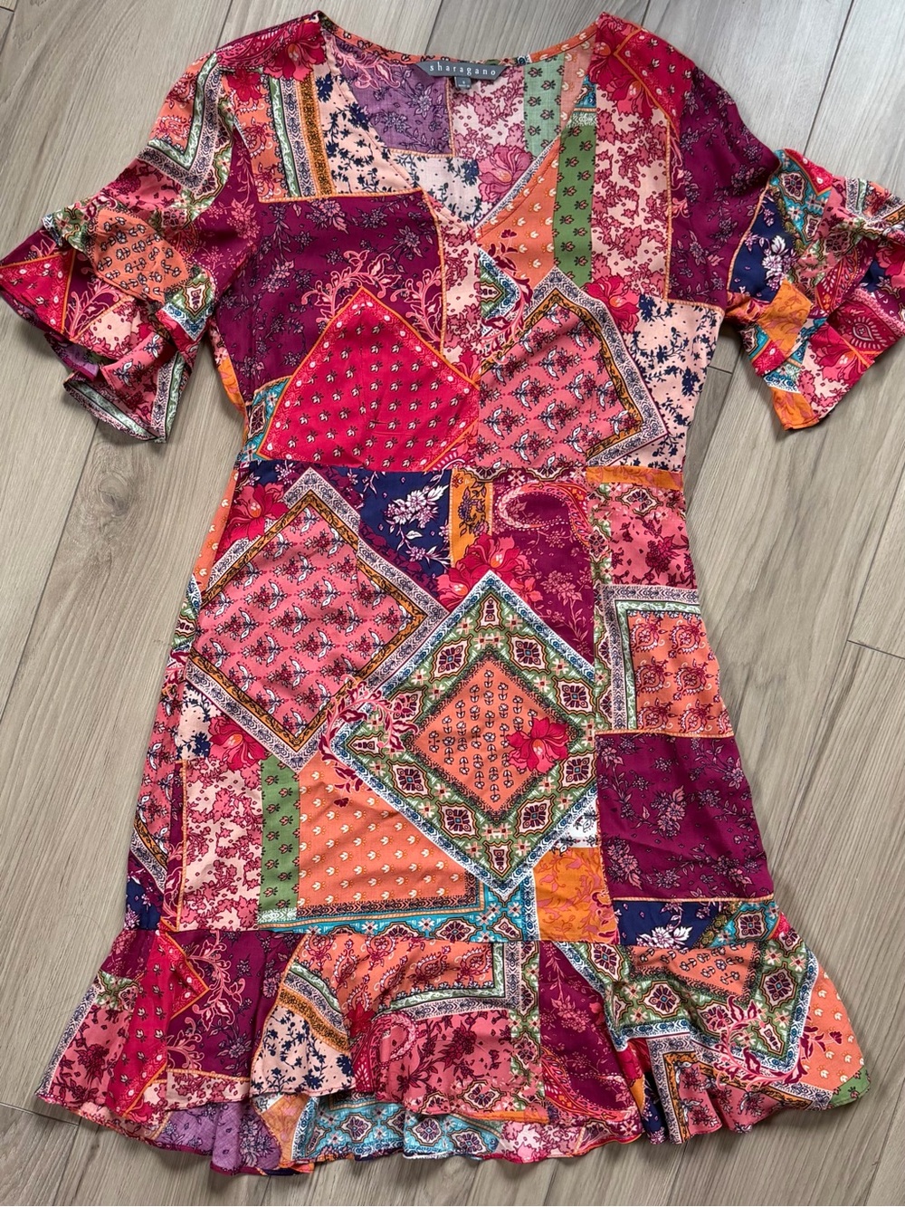 Sharagano Multicolor Patchwork Print Dress - Pink/Magenta Ruffle Sleeves Sz 8